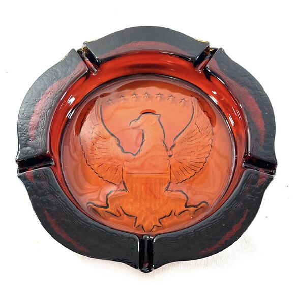 Other - Vintage Amberina Red Glass Ashtray 10” Eagle Patriotic Black Rim Mid Century